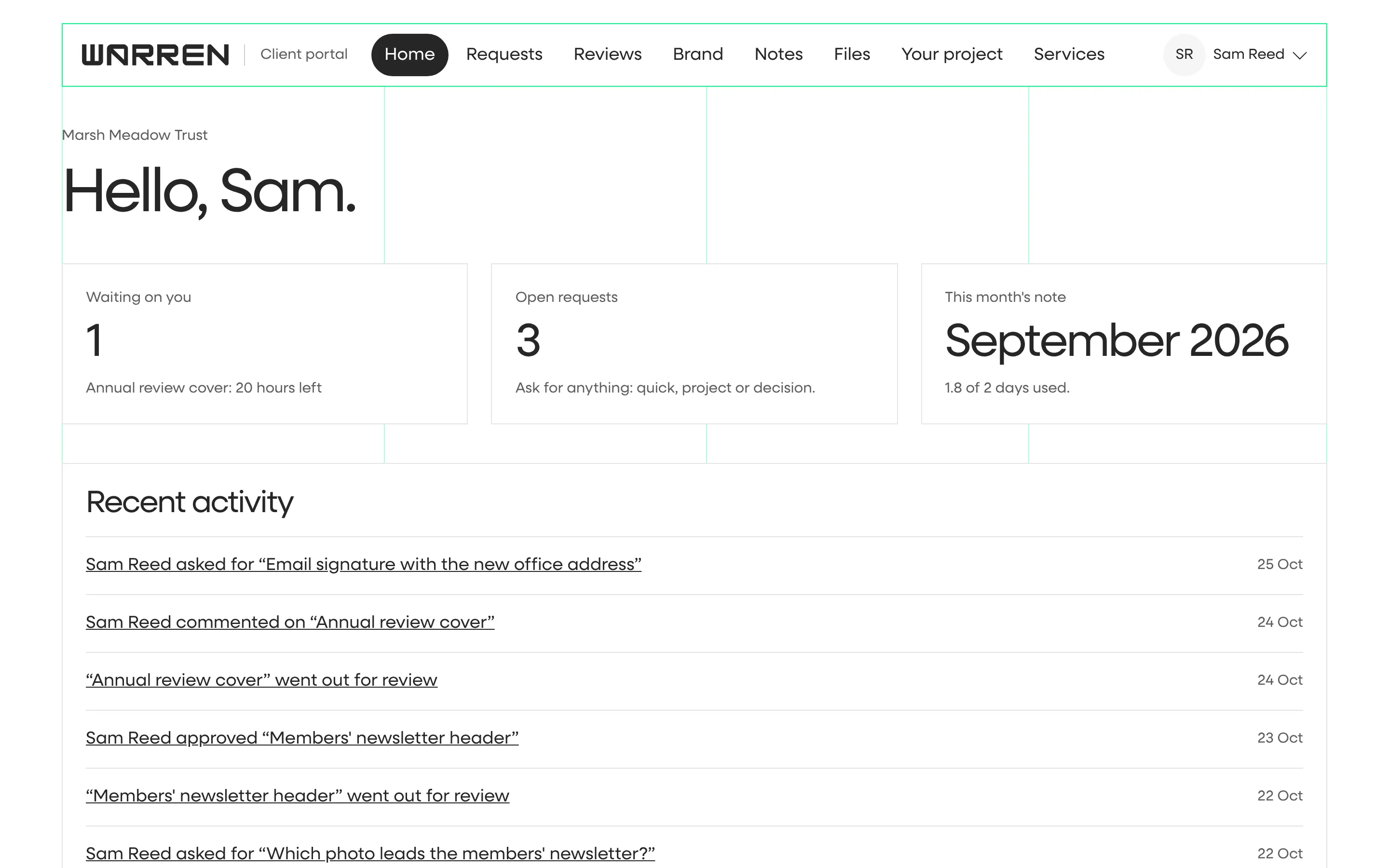 The client portal's Home for Marsh Meadow Trust, a demo client: one review waiting on a decision with 20 hours left, three open requests, September's note with 1.8 of 2 days used, and recent activity.